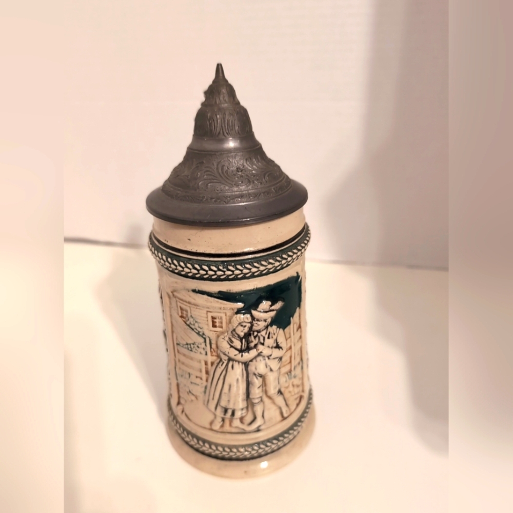 Vintage German Ceramic‎ Beer Stein with Pewter Lid Depicting A Couple